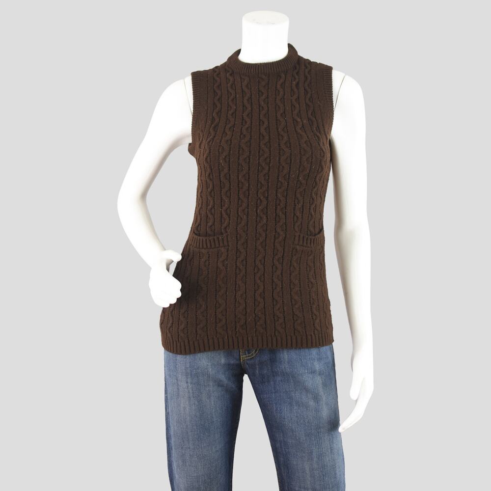 Vintage 70s Brown Cable Knit Top with Pockets Women's XS